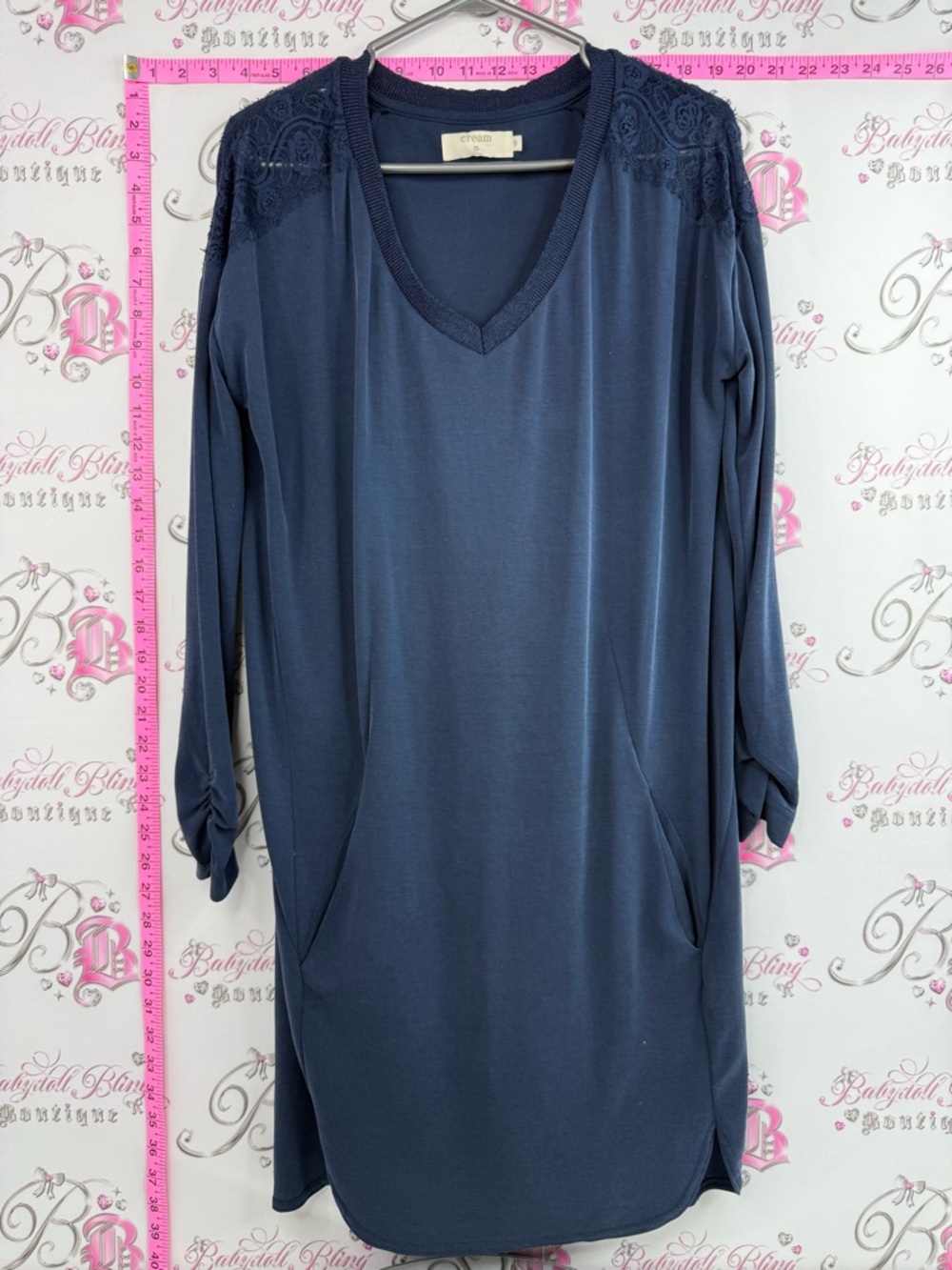 Cream mini dress or long top V Neck Navy Tunic with Lace Shoulder Accents Lacie